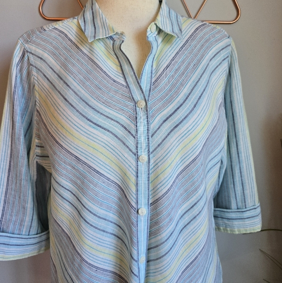 Chico's, Coastal No Iron 100% Linen Blue Stripe Button Front Top, Size Large - Picture 6 of 13